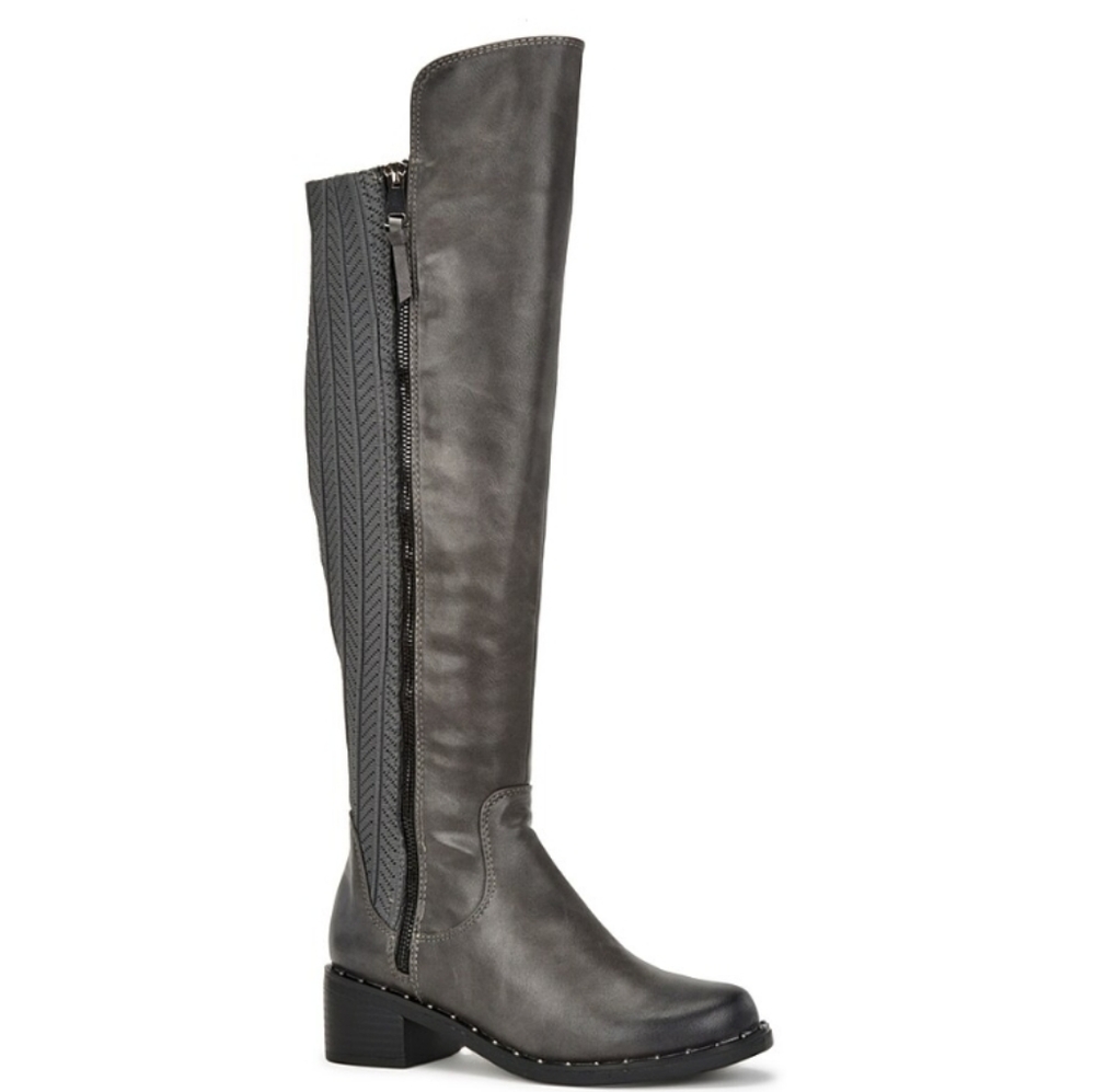 Juliette Boot, Knee high, gray leather and knit fabric boots size 6.5